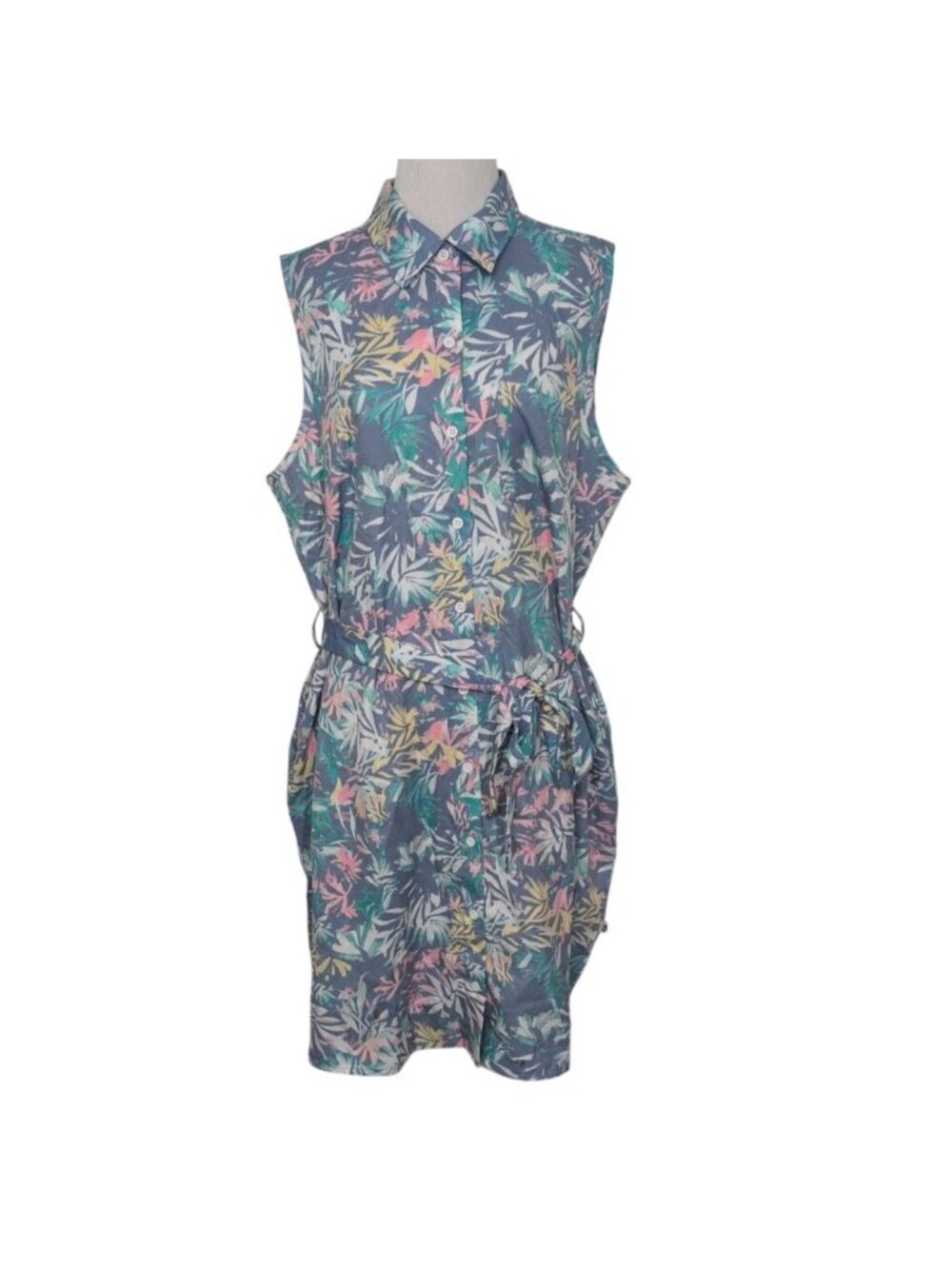Ocean & Coast Floral Dress Womens Size XL Blue Belted Sleeveless Button Front